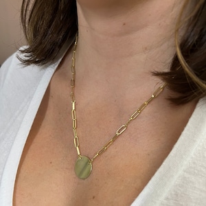 14k Yellow Gold Paperclip Link Chain with Engravable Disc Circle, Personalized Pendant with Necklace