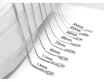 14k Solid White Gold Box Link Chain Necklace, High Polish Pendant Necklace