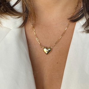 14k Solid Yellow Gold Puffed Heart Pendant Paperclip Link Necklace, High Polished Puffy Heart Necklace, Gift for her, Real Gold Gift, 18&quot;