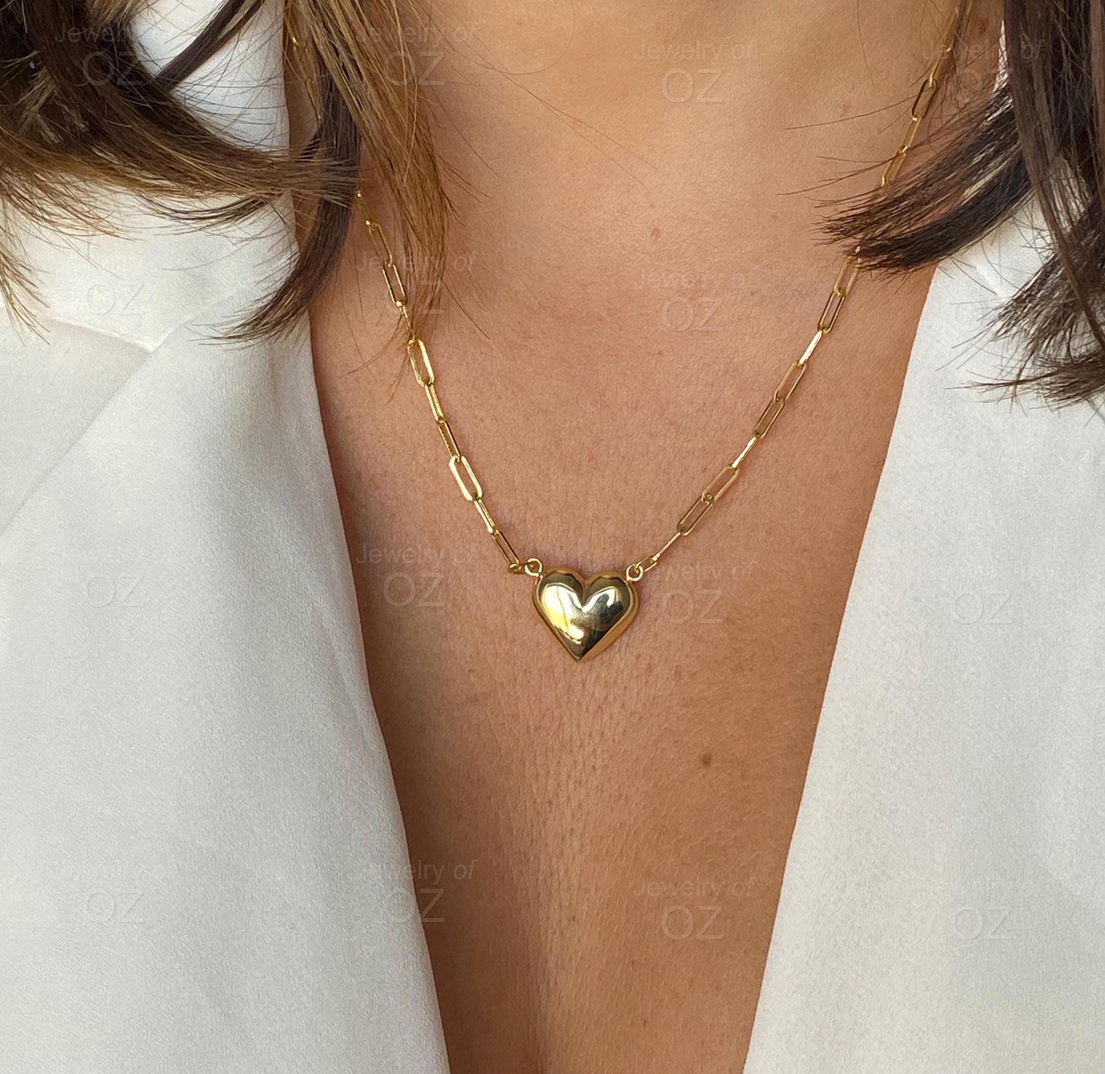 Halskette Herz Gold 14K Echt Gold Anhänger – Puffy 3D Herz Charm – In 5 Größen, Nickel-frei – Perfekt Als Geschenk Ohrringe Anhänger