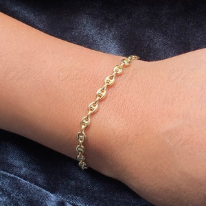 14K Solid  Yellow Gold Puffed Mariner Bracelet 4.7mm |  7&quot; Gold Puffed Anchor Bracelet, Anchor Link Bracelet, Best Selling Gift