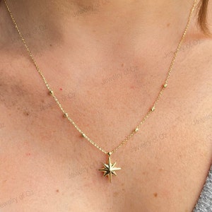 14k Solid Yellow Gold North Star Necklace, Shiny Star Necklace, High polished chain, dainty star necklace, north star pendant, 18&quot; chain