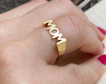 14k Solid Yellow Gold MOM Ring Size 7, Shiny & High Quality Gift for New Expecting Moms or Mothers Day