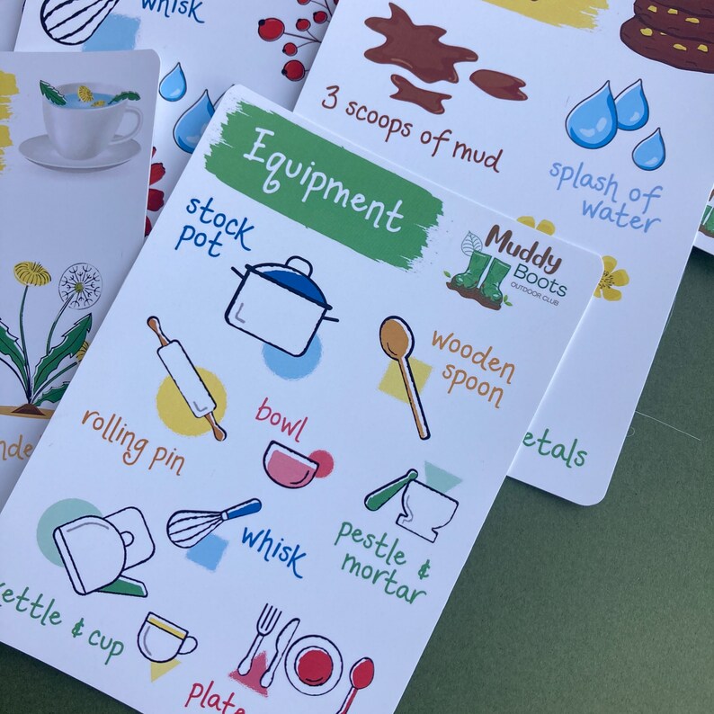 Pu&ograve; includere: Una carta bianca con illustrazioni colorate di attrezzature da cucina, tra cui un mattarello, una ciotola, una frusta, un mortaio e un pestello, un bollitore e una tazza, un piatto e un cucchiaio di legno. La carta ha il titolo "Equipment" e il testo "stock pot".