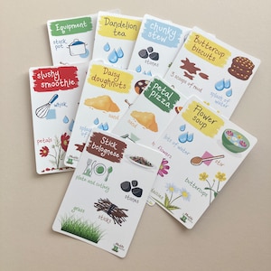 Pu&ograve; includere: Un set di carte colorate con illustrazioni e testo. Le carte presentano diverse ricette, tra cui smoothie ghiacciato, bolognese di bastoncini, pizza ai petali, zuppa di fiori e biscotti di ranuncolo. Ogni carta ha un titolo, ingredienti e istruzioni.