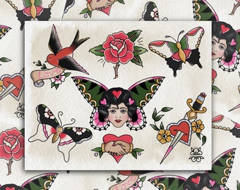 May include: A digital illustration of a collection of traditional tattoo flash designs. The designs include a rose, a butterfly, a heart with a handshake, a dagger, a bird, and a woman's face with a butterfly.