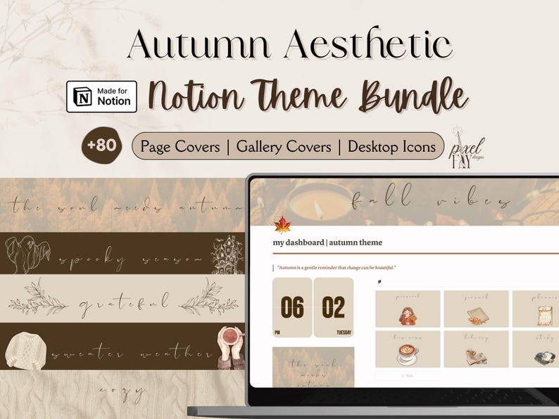 Cozy Autumn Aesthetic Notion Theme Bundle Notion Covers & Mac Folder