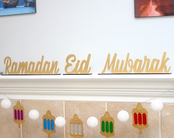 Ramadan Eid Mubarak Word Decor, Wooden Freestanding Sign with Base, Decorations for Muslim Eid Ramadan Kareem Party, table topper, eid gift