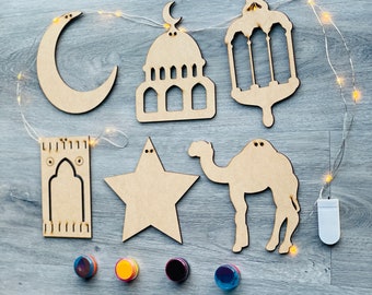Ramadan DIY Kit for Kids & Adults Paint Party, 6 Pcs Wooden Do It Banner Yourself Eid Decor with LED fairy string lights