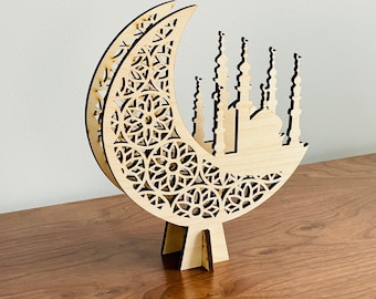 Ramadan and eid Freestanding wooden decoration, Crescent and mosque decoration for ramadan and eid, Muslim moon and masjid tea light holder