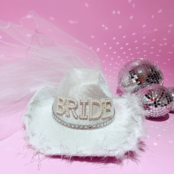 Bride Cowgirl Hat with Tulle Pearl Veil, Hen Party | Bride Gift, Bride Hat + Bridal Shower, Bride To Be, Bachelorette Party, Last Disco