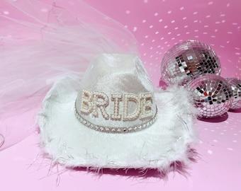 Bride Cowgirl Hat with Tulle Pearl Veil, Hen Party | Bride Gift, Bride Hat + Bridal Shower, Bride To Be, Bachelorette Party, Last Disco