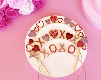 Heart Shaped Glitter Gold Tiara Headband, Valentines Gift, XOXO, Pink and Red, Birthday Party Hen Party Valentine Wedding Photo Booth Props