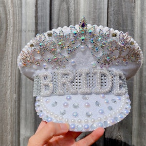 Bride Military Hat, Bride Cowgirl Hat Iridescent Silver Hen Party BRIDE Captain Hat Blingy Sequins Pearls Jewels Rhinestones Veil Captain Hat-White