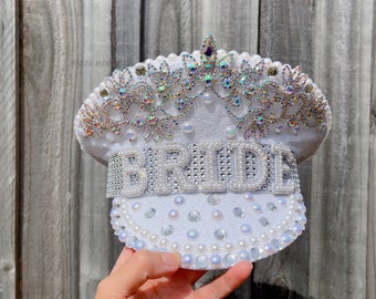 Bride Military Hat, Bride Cowgirl Hat | Iridescent Silver Hen Party BRIDE Captain Hat | Blingy Sequins Pearls Jewels Rhinestones Veil