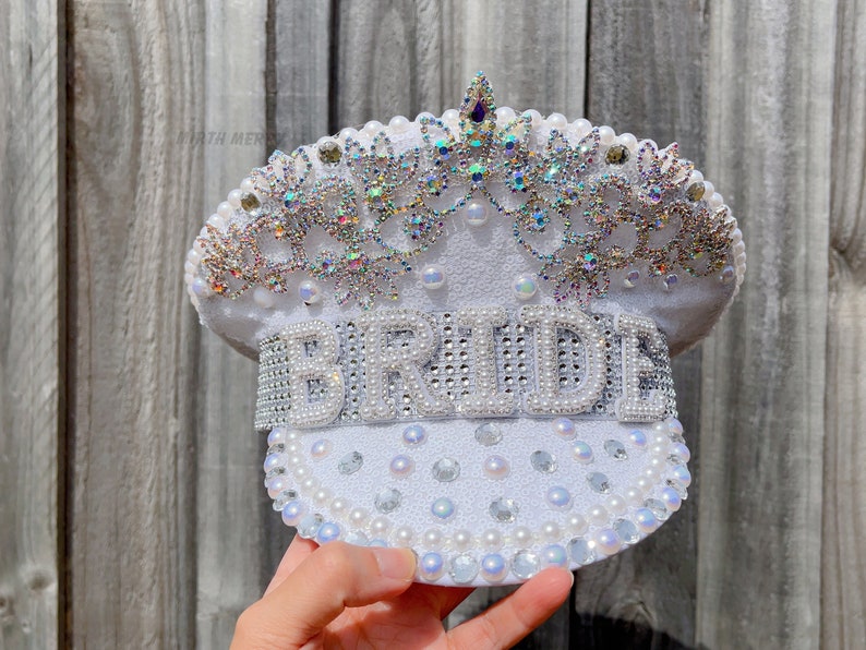 Bride Military Hat, Bride Cowgirl Hat Iridescent Silver Hen Party BRIDE Captain Hat Blingy Sequins Pearls Jewels Rhinestones Veil Captain Hat-White