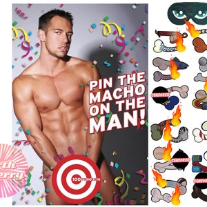May include: A party game called "Pin the Macho on the Man!" with a target and a set of 12 pieces to pin on the target. The pieces are various shapes and colours, including a bone, a fish, and a snake. The game is designed for adults and is a fun and flirty way to celebrate a birthday or other special occasion.