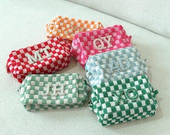 Personalized Checkered Makeup Bag, Checkered Pouch, Bridesmaid Gifts, Vacation Gift, Bach Party Favors, Bachelorette Favors, Retro Bag