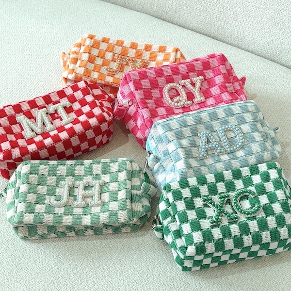 Personalized Checkered Makeup Bag, Checkered Pouch, Bridesmaid Gifts, Vacation Gift, Bach Party Favors, Bachelorette Favors, Retro Bag