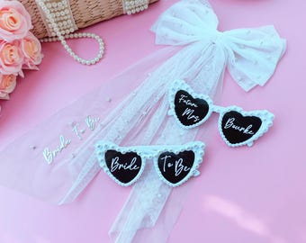 Bride Sunglasses, Pearl Sunglasses + Tulle Pearl Bride Hair Bow | Bachelorette Party Decoration, Hen Party Gifts, Bridal Shower Supplies