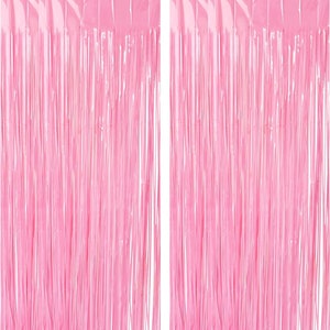 May include: Two pink metallic fringe curtains, each with a row of silver metallic strands, for party decorations.