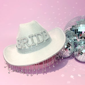 Bride Cowgirl Hat with Veil, Hen Party Bride Gift, Bride Cow Girl Hat Bridal Shower, Bride To Be, Bachelorette Party, Last Disco BRIDE Fringe Rhines