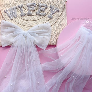 Tulle perle mariée cheveux noeud mariée voile noeud accessoires de cheveux de mariage pour mariée cadeau de shower de mariage, faveurs de demoiselle d&#39;honneur, noeud de mariée voile perle