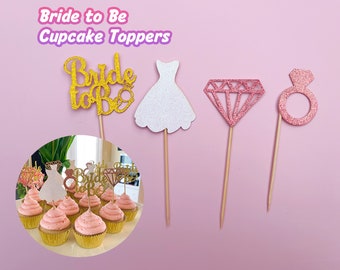 Bride To Be Cupcake Toppers Picks, 12pack Wedding Dress Diamond Ring Cupcake Toppers, Hen Party Bridal Shower Decor, Engagement Decor