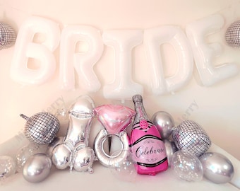 White Jumbo BRIDE Balloons + Silver Balloons | 40inch, Hens Party Decoration, Bachelorette Party, Bridal Shower Decor Photo Backdrop
