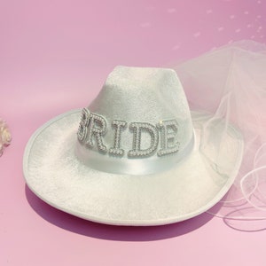 Bride Cowgirl Hat with Veil, Hen Party Bride Gift, Bride Cow Girl Hat Bridal Shower, Bride To Be, Bachelorette Party, Last Disco BRIDE CurlyEdge Veil