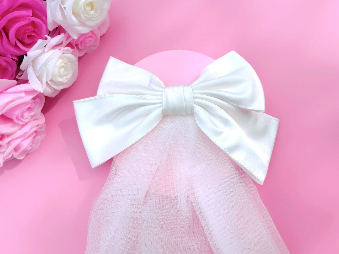 White Satin Bow Veil, Bride Hair Bow, Wedding Hair Accessories, Bridal
