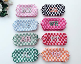 Personalized Checkered Makeup Bag, Checkered Pouch, Bridesmaid Gifts, Vacation Gift, Bach Party Favors, Bachelorette Favors, Retro Bag