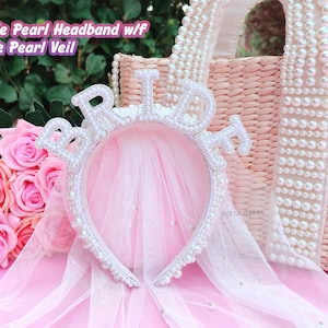 Hen Party Decorations Bride Pearl Headband White Headpiece Bridal Shower Gift, Bachelorette Hair Accessory, Bride to Be Gift BR w/f Pearl Veil