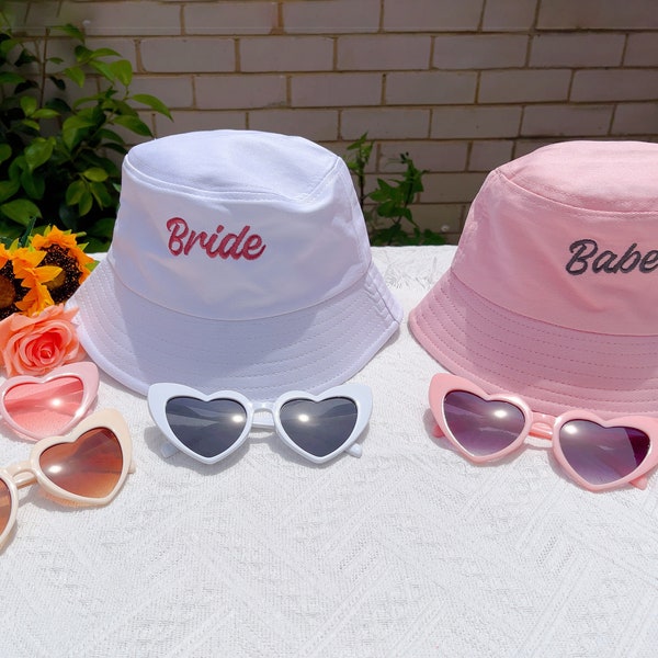 Bride Bucket Hat - White, Black, Pink Embroidered Cotton Sun Hat, Hens Party, Bachelorette Gift, Party Favor, Cool Bach, Bridal Shower