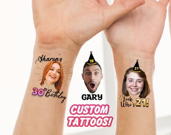 Custom Face Tattoos, Birthday Tattoos, Custom Temporary Tattoos, Party Favor, Tattoo Gift, Milestone Birthday, Christmas Halloween Tattoos