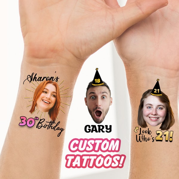 Custom Face Tattoos, Birthday Tattoos, Custom Temporary Tattoos, Party Favor, Tattoo Gift, Milestone Birthday, Christmas Halloween Tattoos