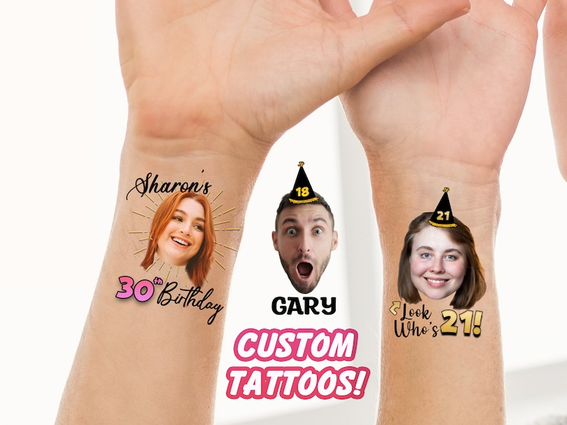 Custom Face Tattoos, Birthday Tattoos, Custom Temporary Tattoos, Party Favor, Tattoo Gift, Milestone Birthday, Christmas Halloween Tattoos image 1
