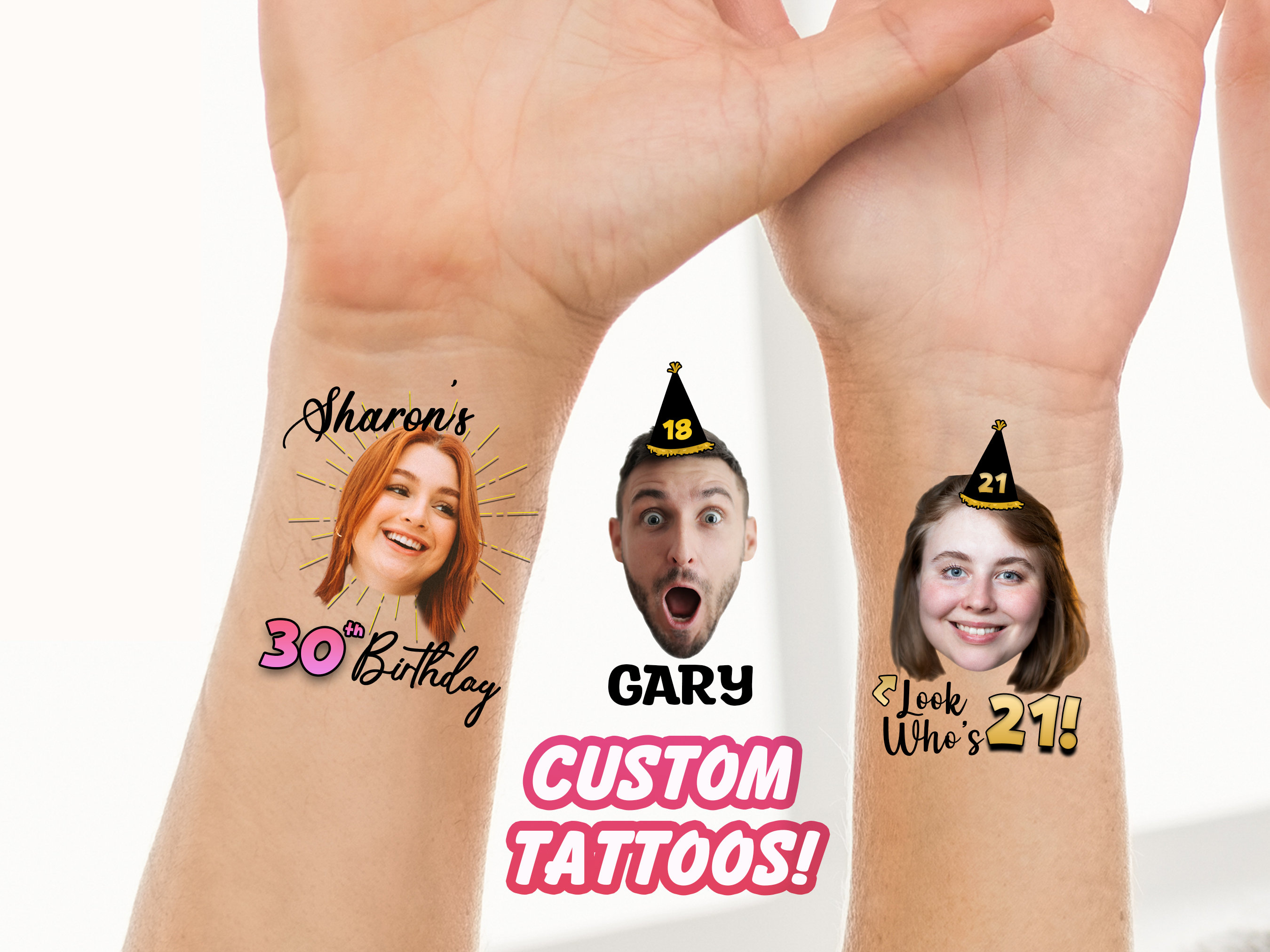 Custom Face Tattoos, Birthday Tattoos, Custom Temporary Tattoos, Party Favor, Tattoo Gift, Milestone Birthday, Christmas Halloween Tattoos