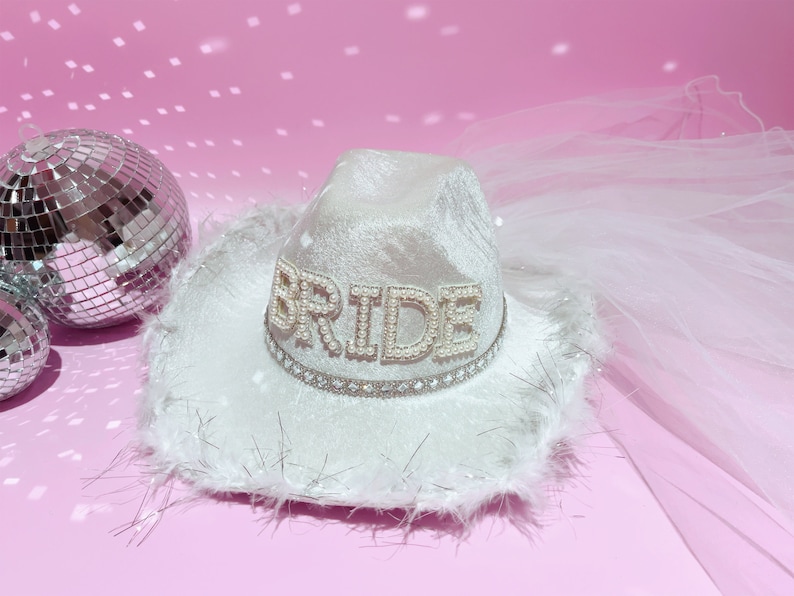 Bride Cowgirl Hat with Veil, Hen Party Bride Gift, Bride Cow Girl Hat Bridal Shower, Bride To Be, Bachelorette Party, Last Disco image 4