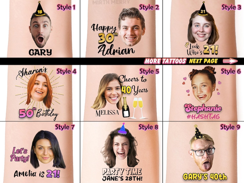 Custom Face Tattoos, Birthday Tattoos, Custom Temporary Tattoos, Party Favor, Tattoo Gift, Milestone Birthday, Christmas Halloween Tattoos image 2