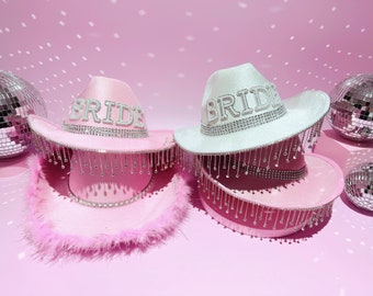 Bride Cowgirl Hat, Hen Party | Bride Gift, Pink Cowgirl with Hat Rhinestone Fringe Trim, Bride To Be, Bachelorette Party, Last Disco