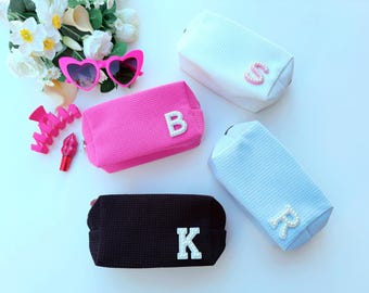 Personalized Waffle Makeup Bag, Checkered Pouch, Bridesmaid Gifts, Vacation Gift, Bach Party Favors, Bachelorette Favors, Retro Bag