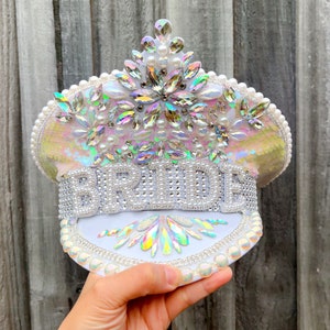 Bride Military Hat, Bride Cowgirl Hat Iridescent Silver Hen Party BRIDE Captain Hat Blingy Sequins Pearls Jewels Rhinestones Veil Captain Hat-Mermaid