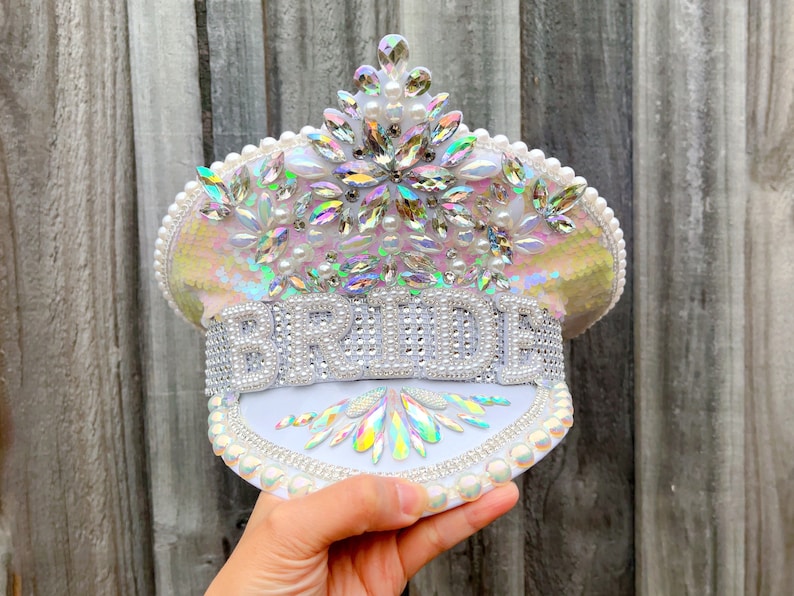 Bride Military Hat, Bride Cowgirl Hat Iridescent Silver Hen Party BRIDE Captain Hat Blingy Sequins Pearls Jewels Rhinestones Veil Captain Hat-Mermaid