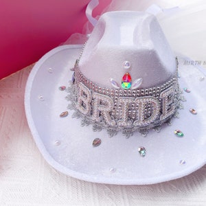 Bride Military Hat, Bride Cowgirl Hat Iridescent Silver Hen Party BRIDE Captain Hat Blingy Sequins Pearls Jewels Rhinestones Veil Cowgirl Hat w/f Veil