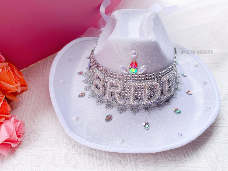 Bride Military Hat, Bride Cowgirl Hat Iridescent Silver Hen Party BRIDE Captain Hat Blingy Sequins Pearls Jewels Rhinestones Veil Cowgirl Hat w/f Veil