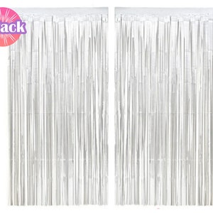 May include: Two silver foil fringe curtains, each measuring approximately 3 feet wide by 8 feet long. The curtains are made of thin strips of foil that hang down from a horizontal rod. The curtains are often used as a backdrop for parties or events.