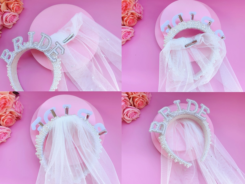 Hen Party Decorations Bride Pearl Headband White Headpiece Bridal Shower Gift, Bachelorette Hair Accessory, Bride to Be Gift 2 Way Headband+Veil