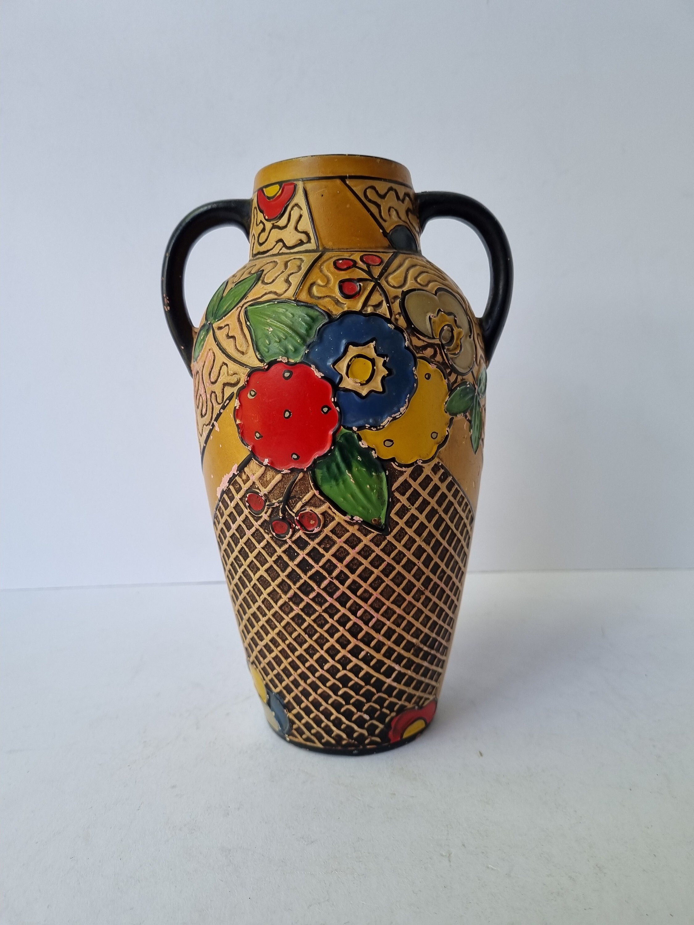Vintage Art Deco Pottery Vase Hand Painted Ceramic Urn Shaped Vase