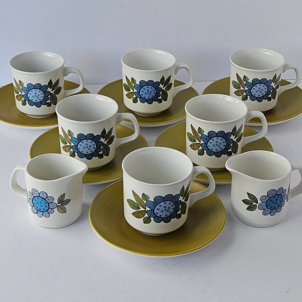 Vintage Ceramic Tea Set - Meakin Topic Design Six Piece Tea Service - Mid Century Pottery Tea Cups and Saucers - J G Meakin Pottery Teacups